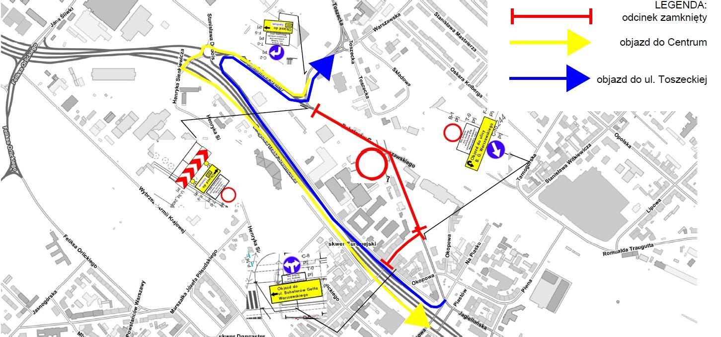 Ul. Bohaterów Getta Warszawskiego - schemat objazdów